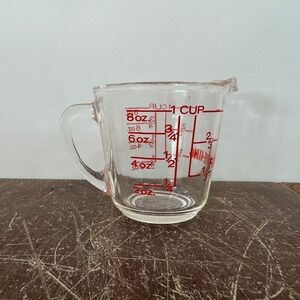 Vintage‎ Fire King 8 oz. 1 cup Glass Measuring Cup Red Graphics Kitchenware
